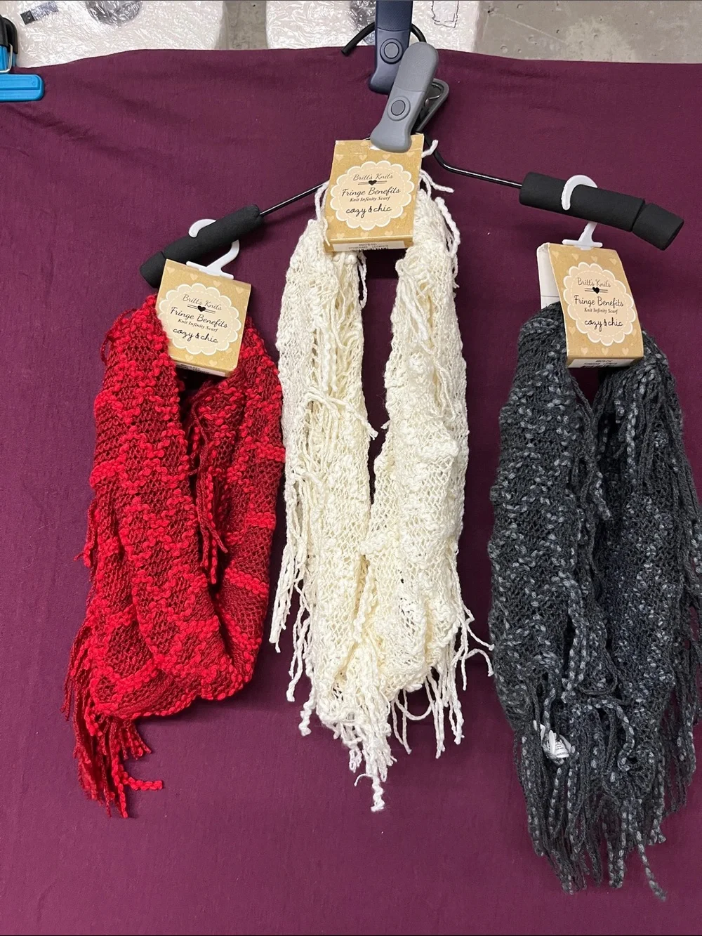 Fringe Infinity Scarf - Red, Cream, Charcoal
